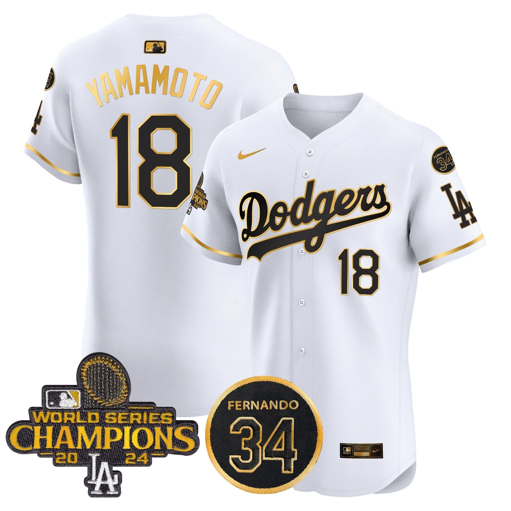 Dodgers 2024 World Series Champions Gold Trim Vapor Premier Elite Men Jersey V2 - All Stitched