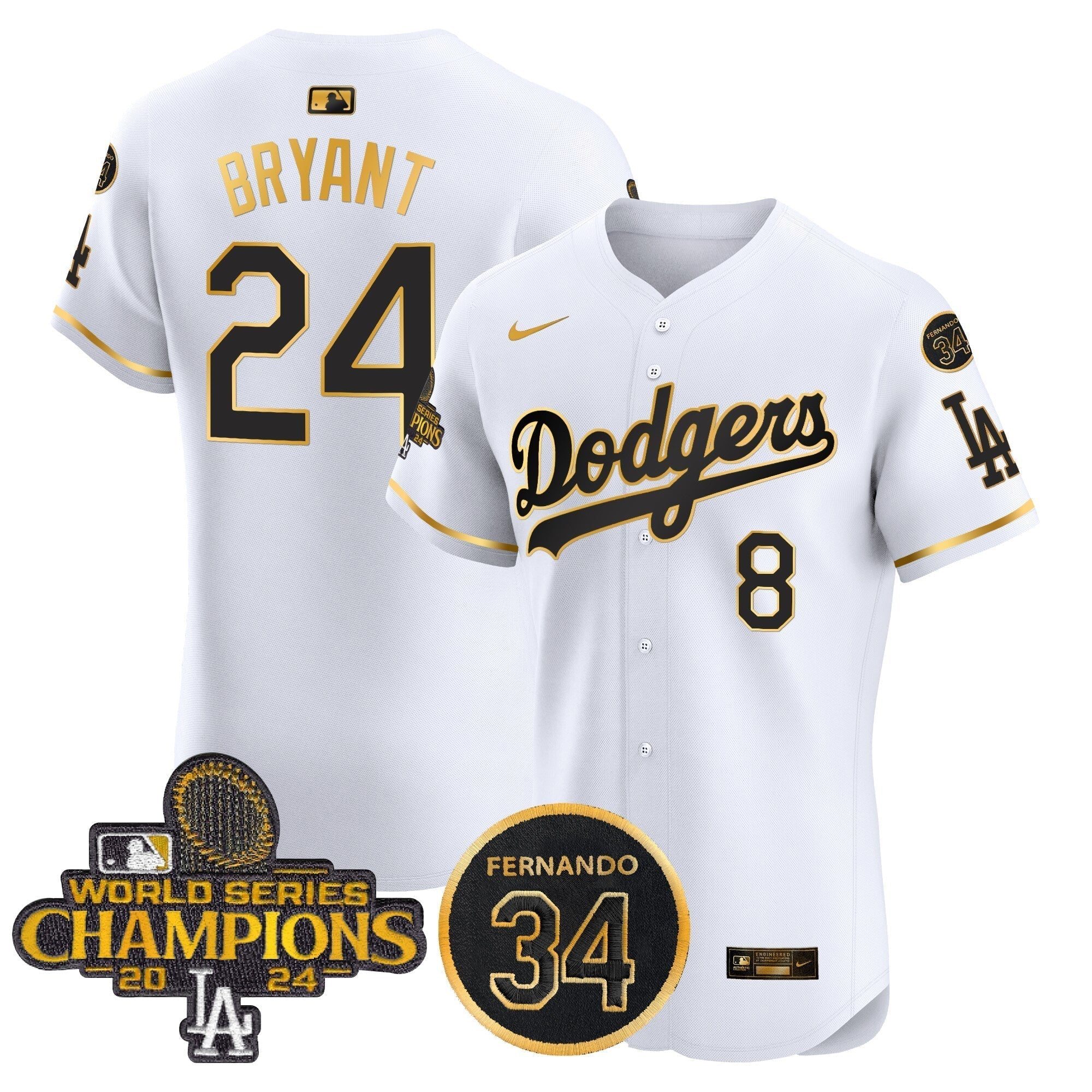 Dodgers 2024 World Series Champions Gold Trim Vapor Premier Elite Men Jersey V2 - All Stitched