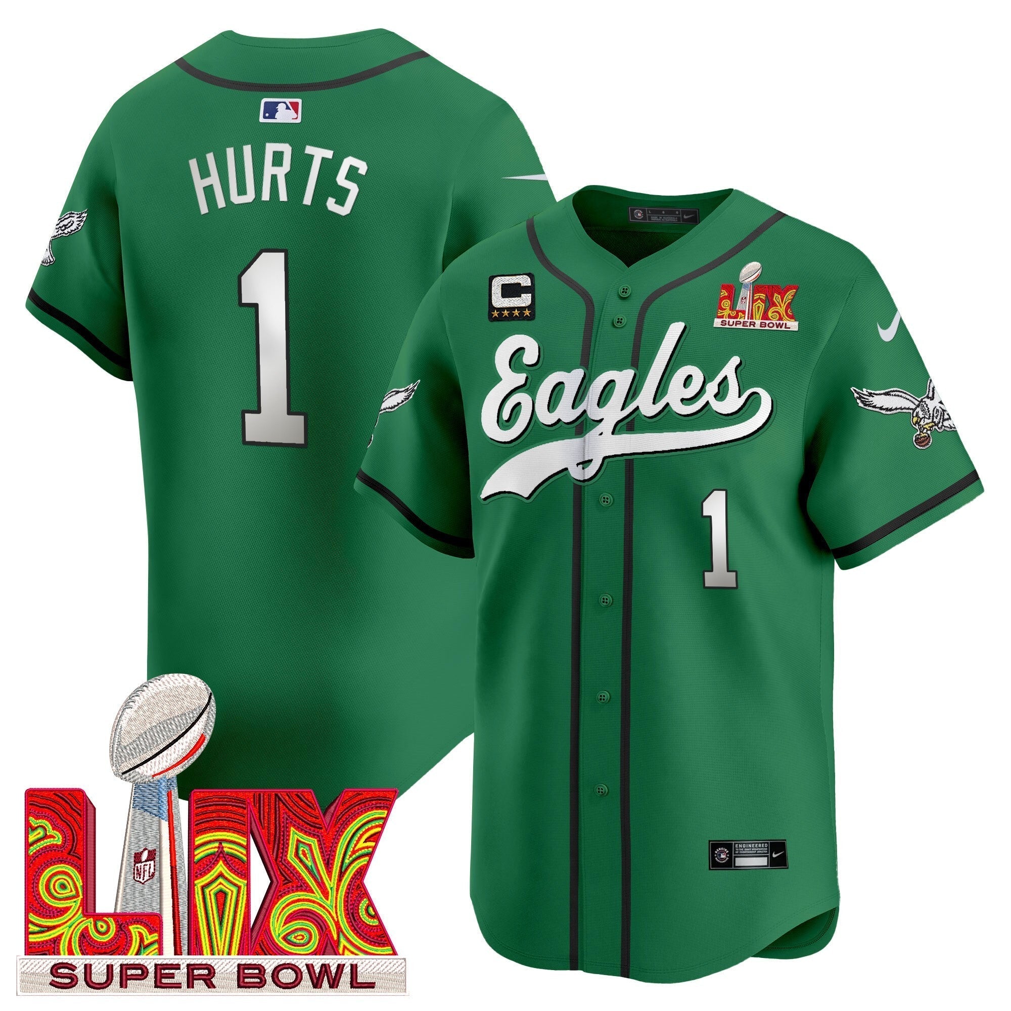 PHI Midnight Green Super Bowl LIX Vapor Baseball Jersey - All Stitched