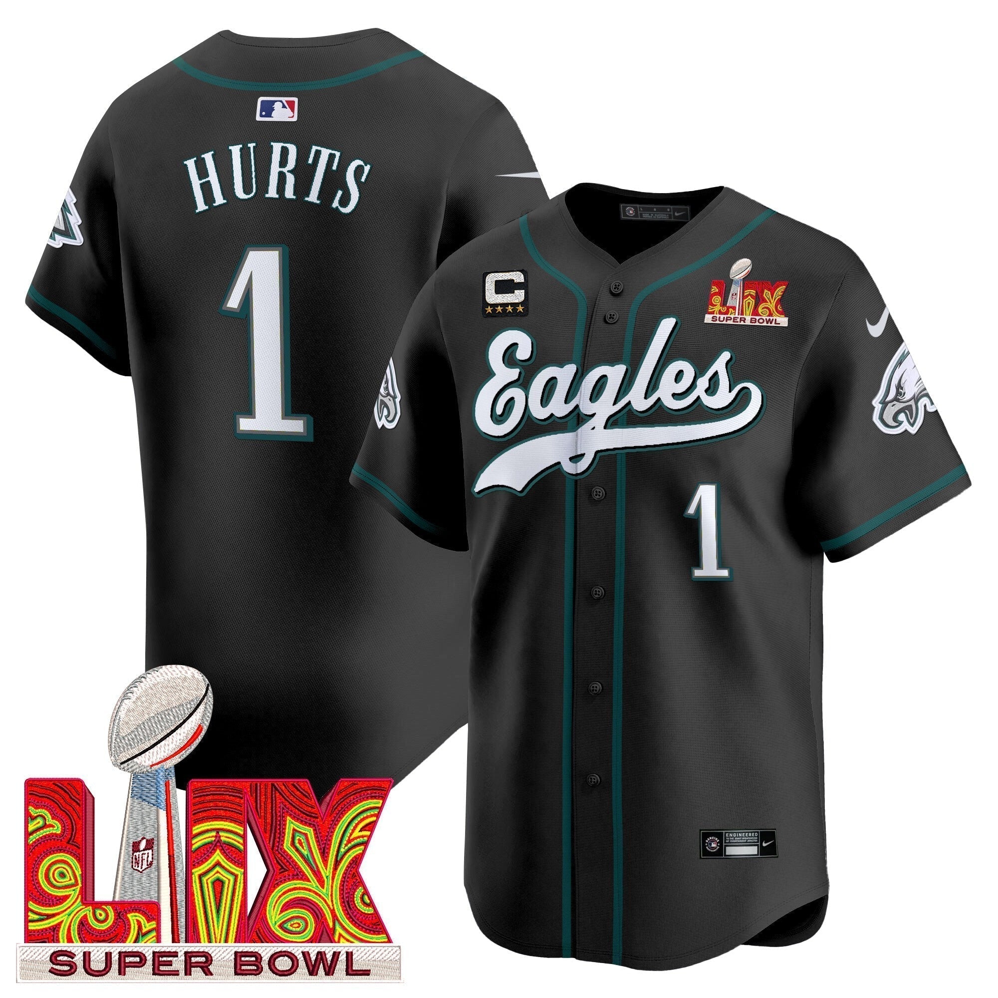 PHI Midnight Green Super Bowl LIX Vapor Baseball Jersey - All Stitched