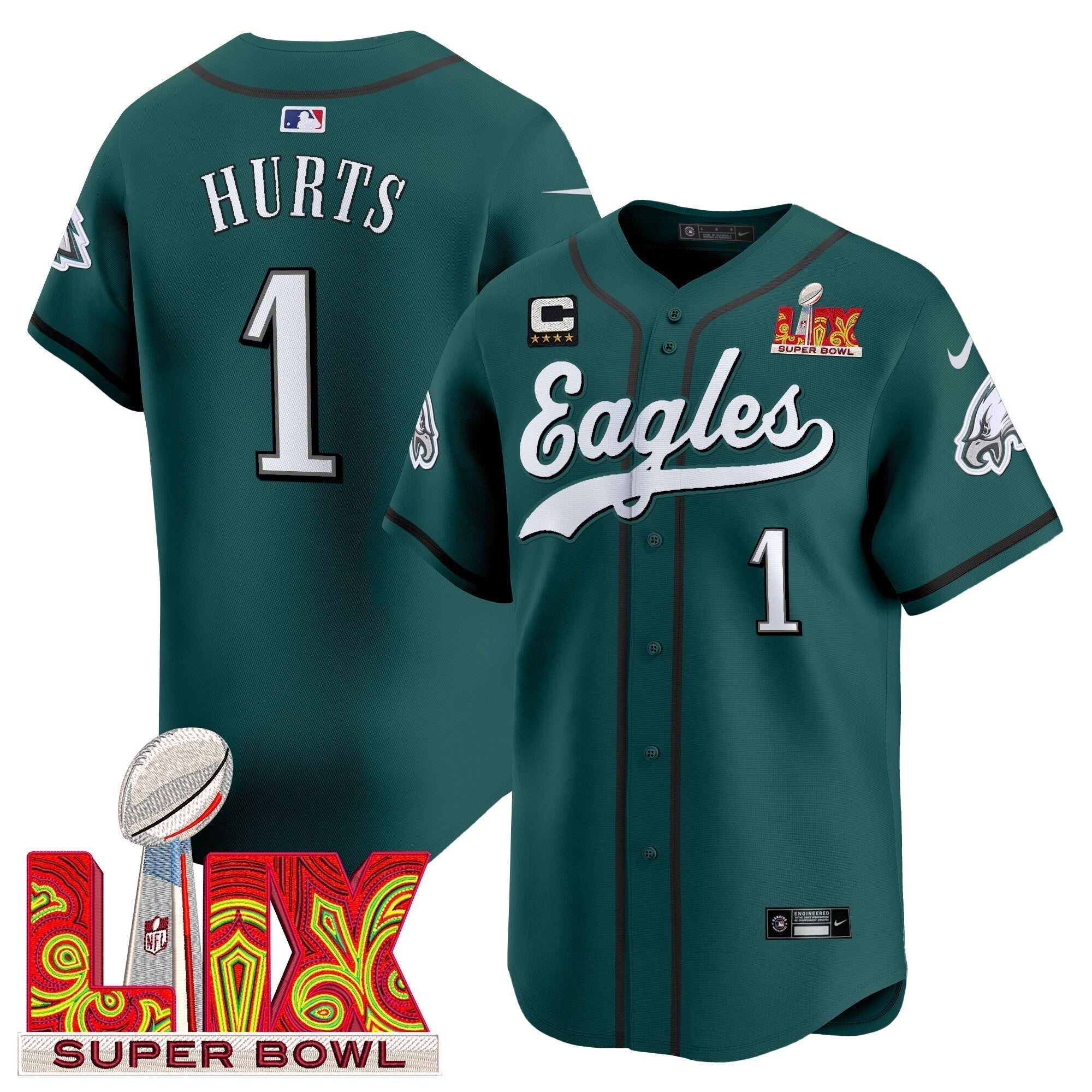 PHI Midnight Green Super Bowl LIX Vapor Baseball Men Jersey - All Stitched