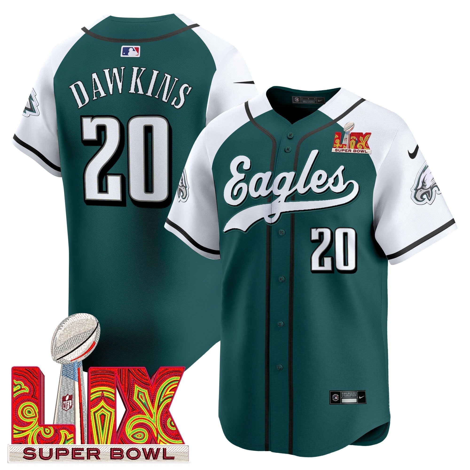 PHI Midnight Green Super Bowl LIX Vapor Baseball Jersey - All Stitched