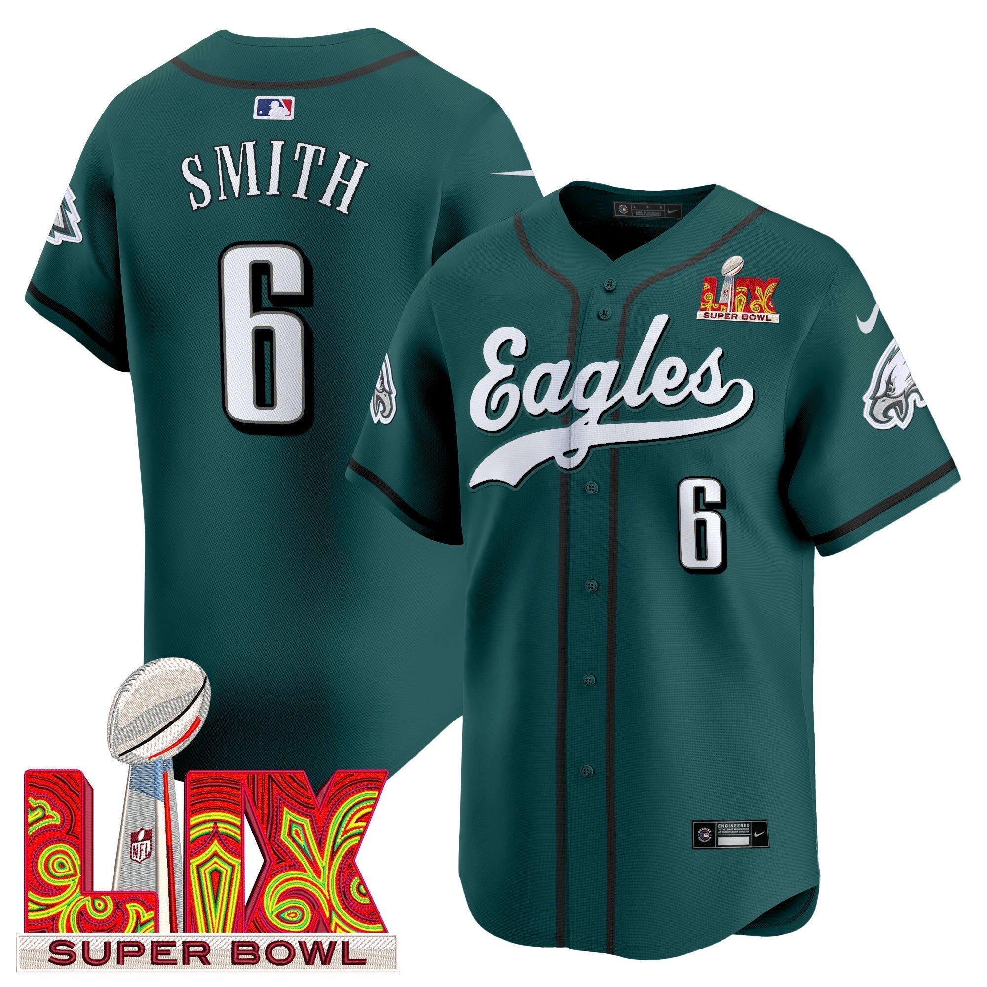 PHI Midnight Green Super Bowl LIX Vapor Baseball Men Jersey - All Stitched