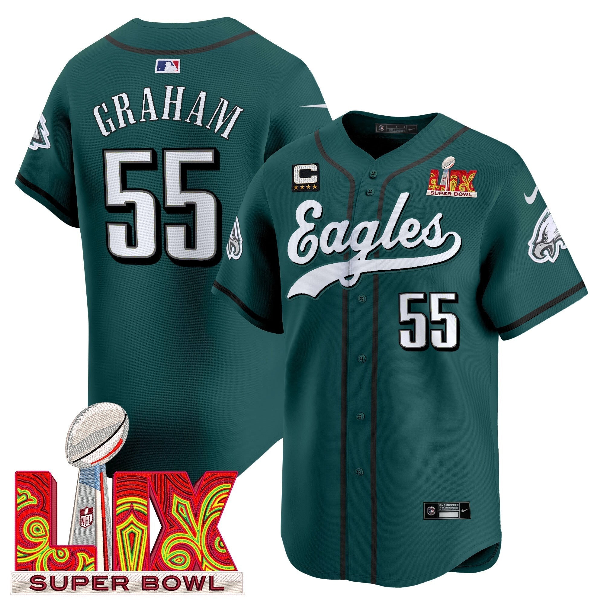 PHI Midnight Green Super Bowl LIX Vapor Baseball Men Jersey - All Stitched