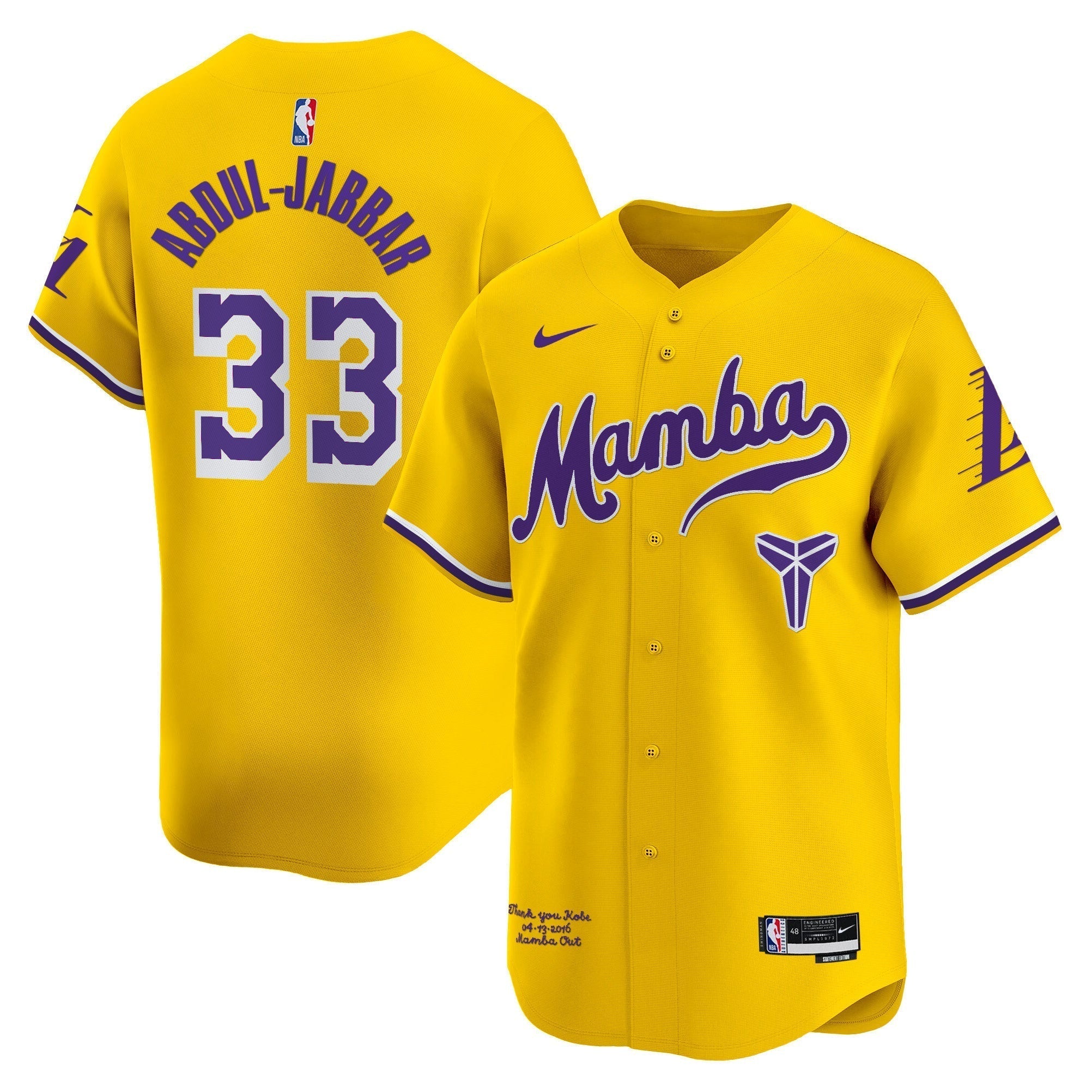 LAL Kobe Bryant Mamba Vapor Baseball Jersey - All Stitched