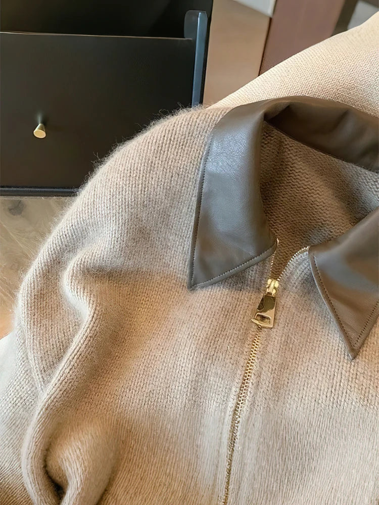 Patchwork Zipper Cropped Cardigan Women 400g Thick