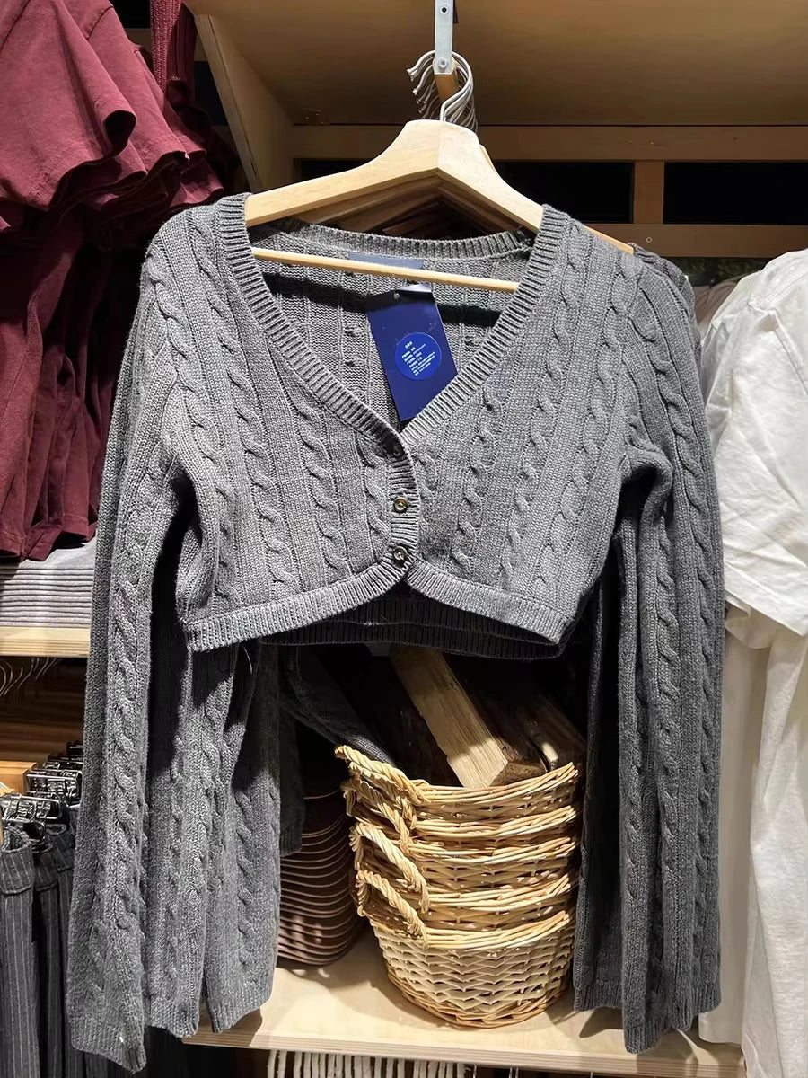 Twisted Flower Cropped Knitwear Women Cotton V-neck