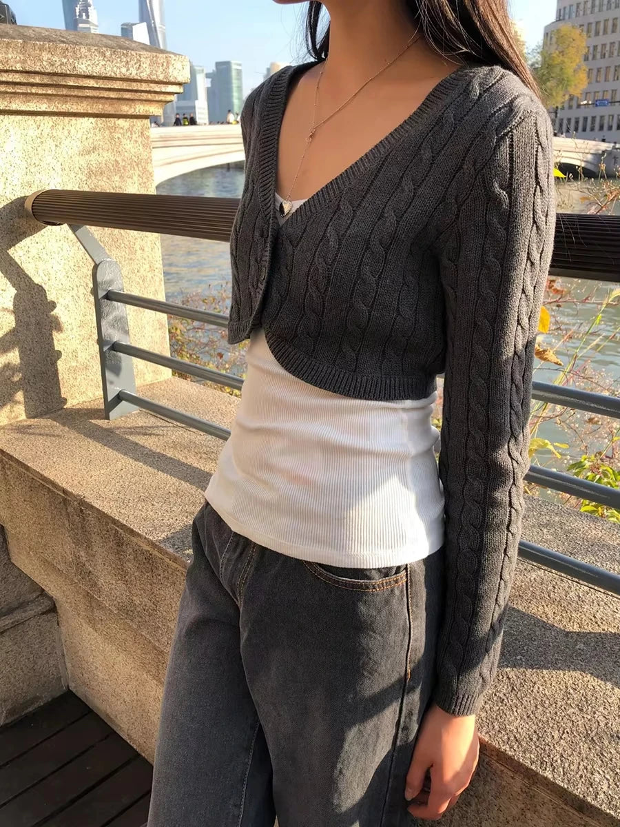 Twisted Flower Cropped Knitwear Women Cotton V-neck