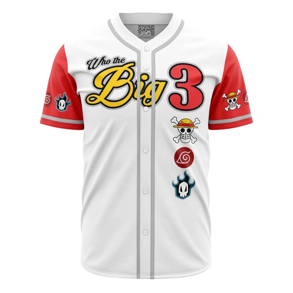 Anime Fusion Baseball Jersey - Iconic 'Big 3' Design With Pirate &amp; Ninja Emblems - Unisex Sports Tee