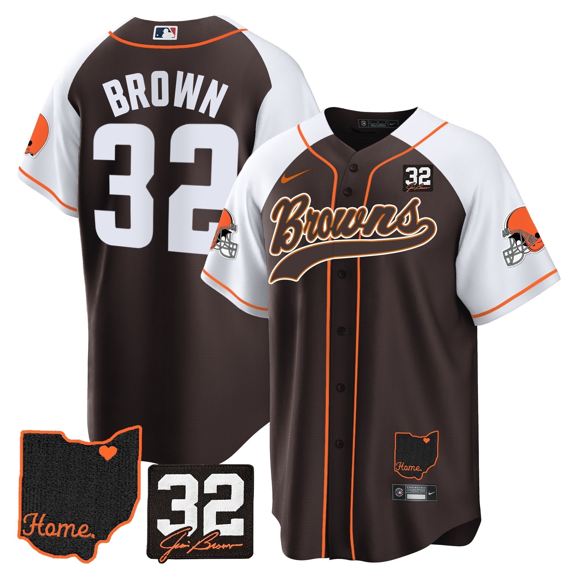 Browns #32 Jim Brown Memorial & Home Patch Baseball Jersey V2 - All Stitched